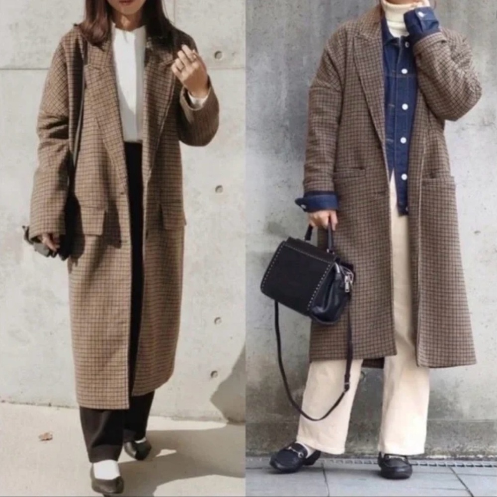 Zara Oversized Plaid Long Coat S Brown Check Drop Shoulder Old Money